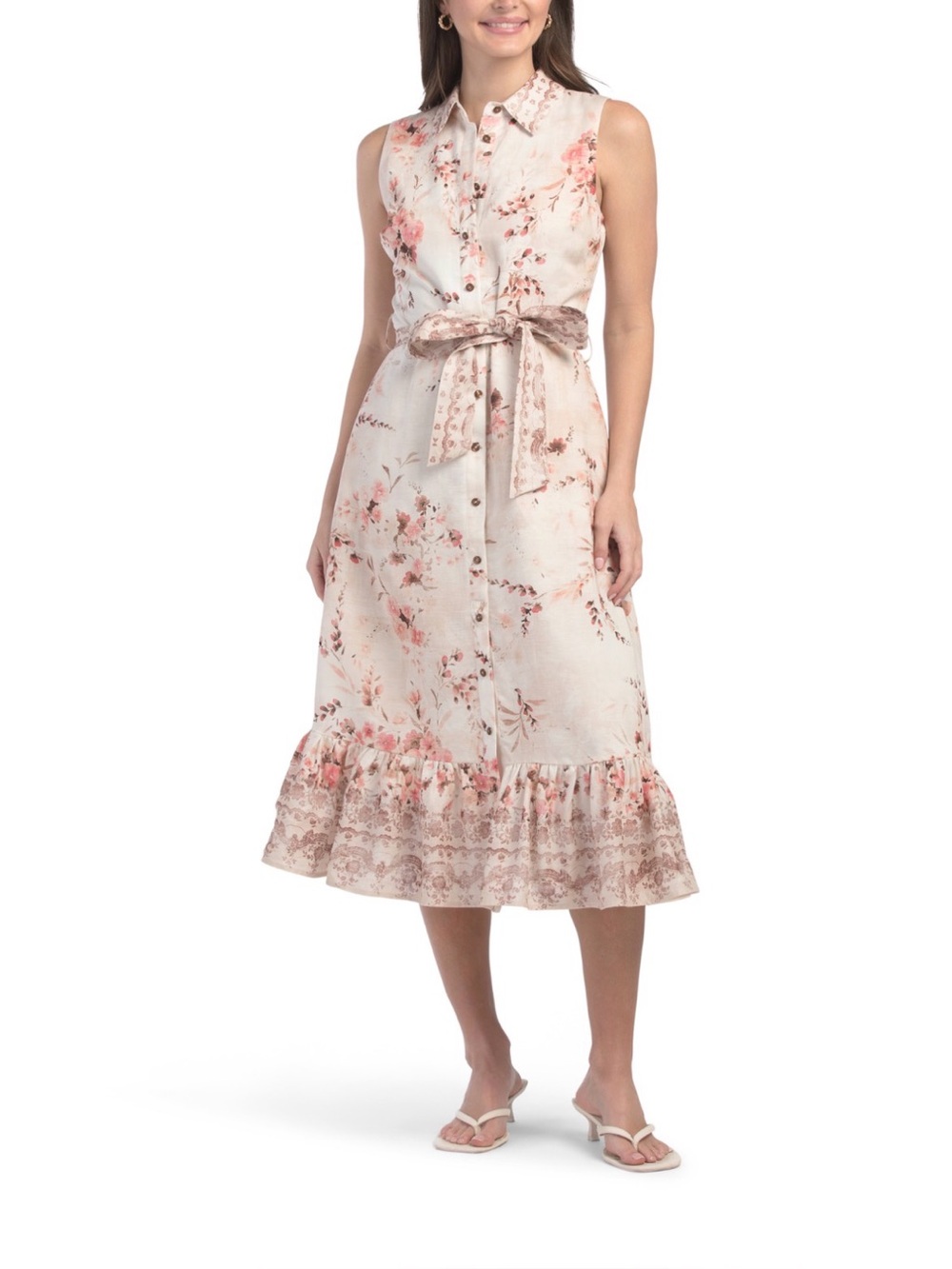 Elie Tahari Cream Sleeveless Floral Midi Shirt Dress